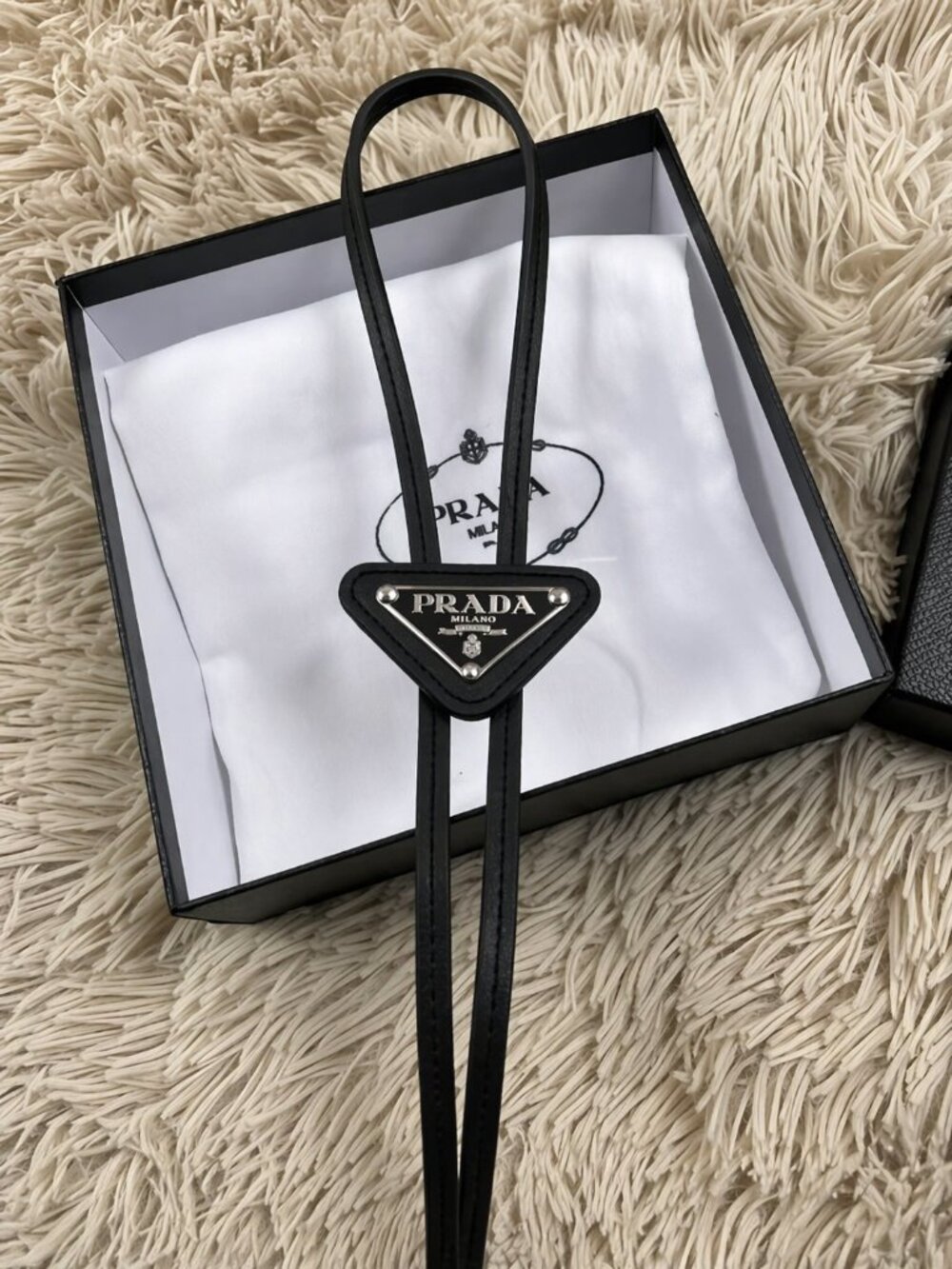 Unisex PRADA Black🖤Saffiano Leather Bolo Tie💯Authentic-with box